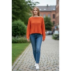 Free People Sweater Womens XS Orange Knit Cropped Long Sleeve Casual Pullover